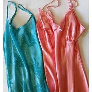Lot Of 2 Silky Nightgown Intimate Sleepwear Lingerie-Pink & Turquoise Blue